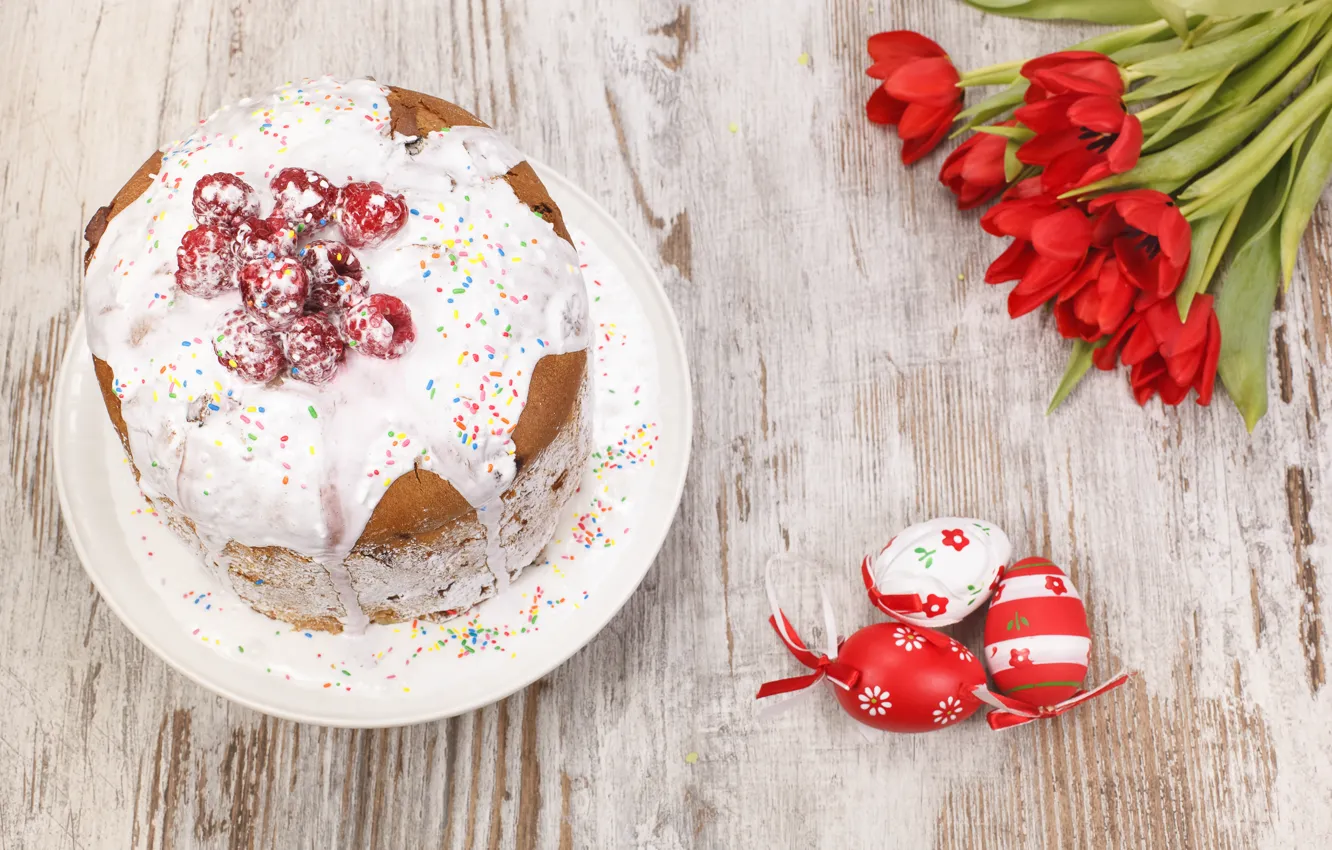 Photo wallpaper raspberry, table, eggs, tulips, dessert, cupcake