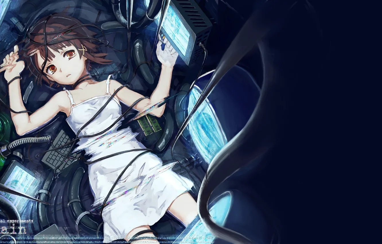 Photo wallpaper girl, wire, anime, tears, art, keyboard, monitor, iwakura lain