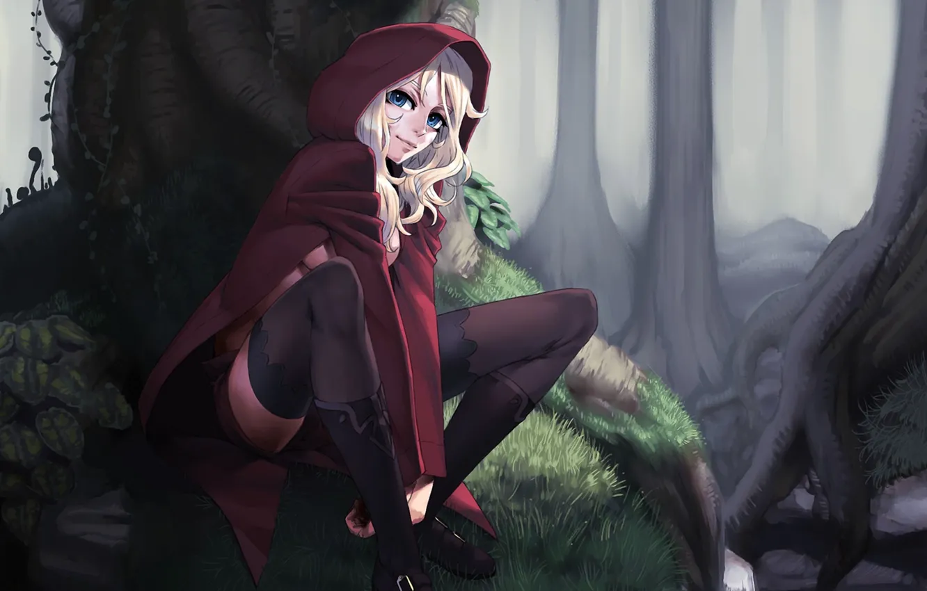 Photo wallpaper forest, trees, little red riding hood, stockings, art, girl, cloak, little red riding hood