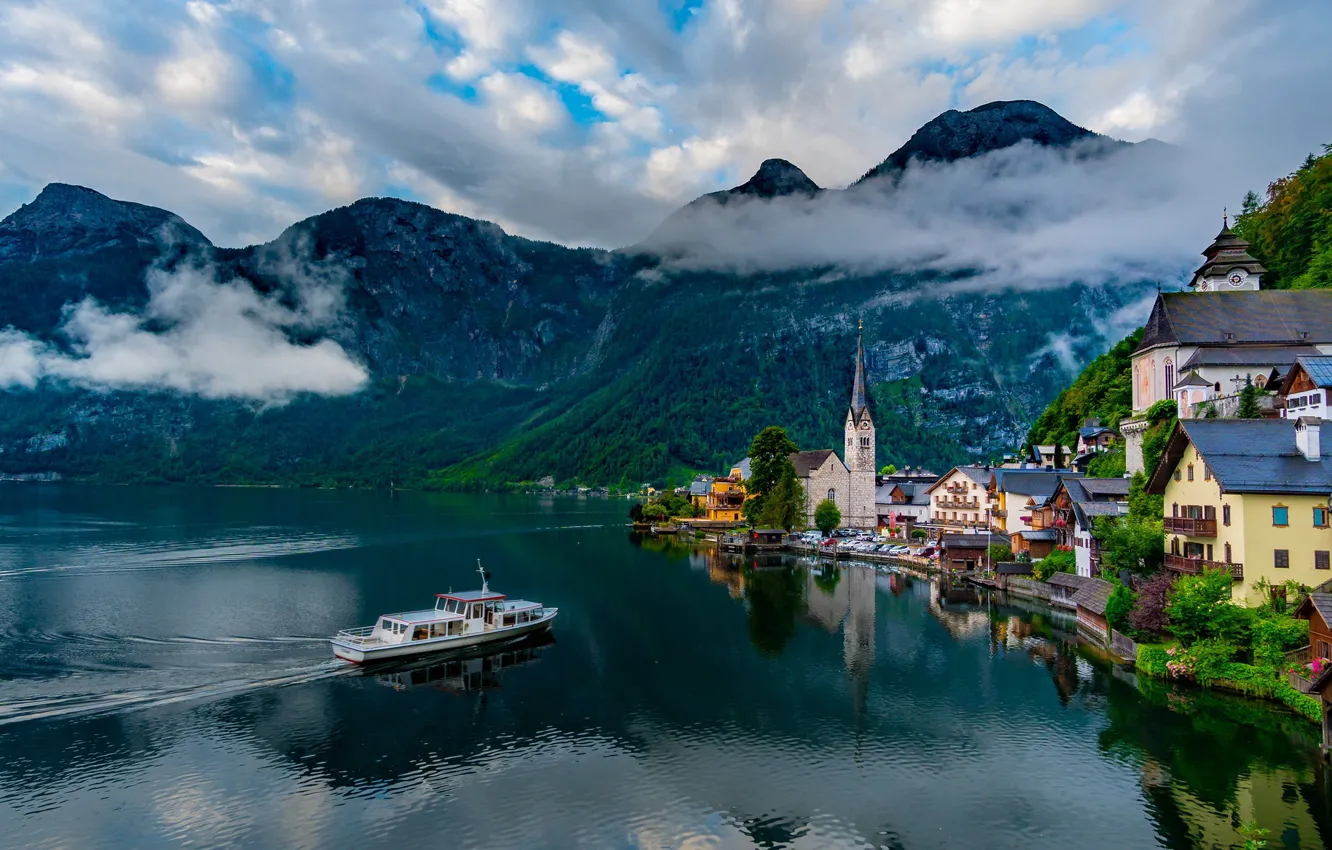Photo wallpaper clouds, mountains, lake, Austria, Hallstatt