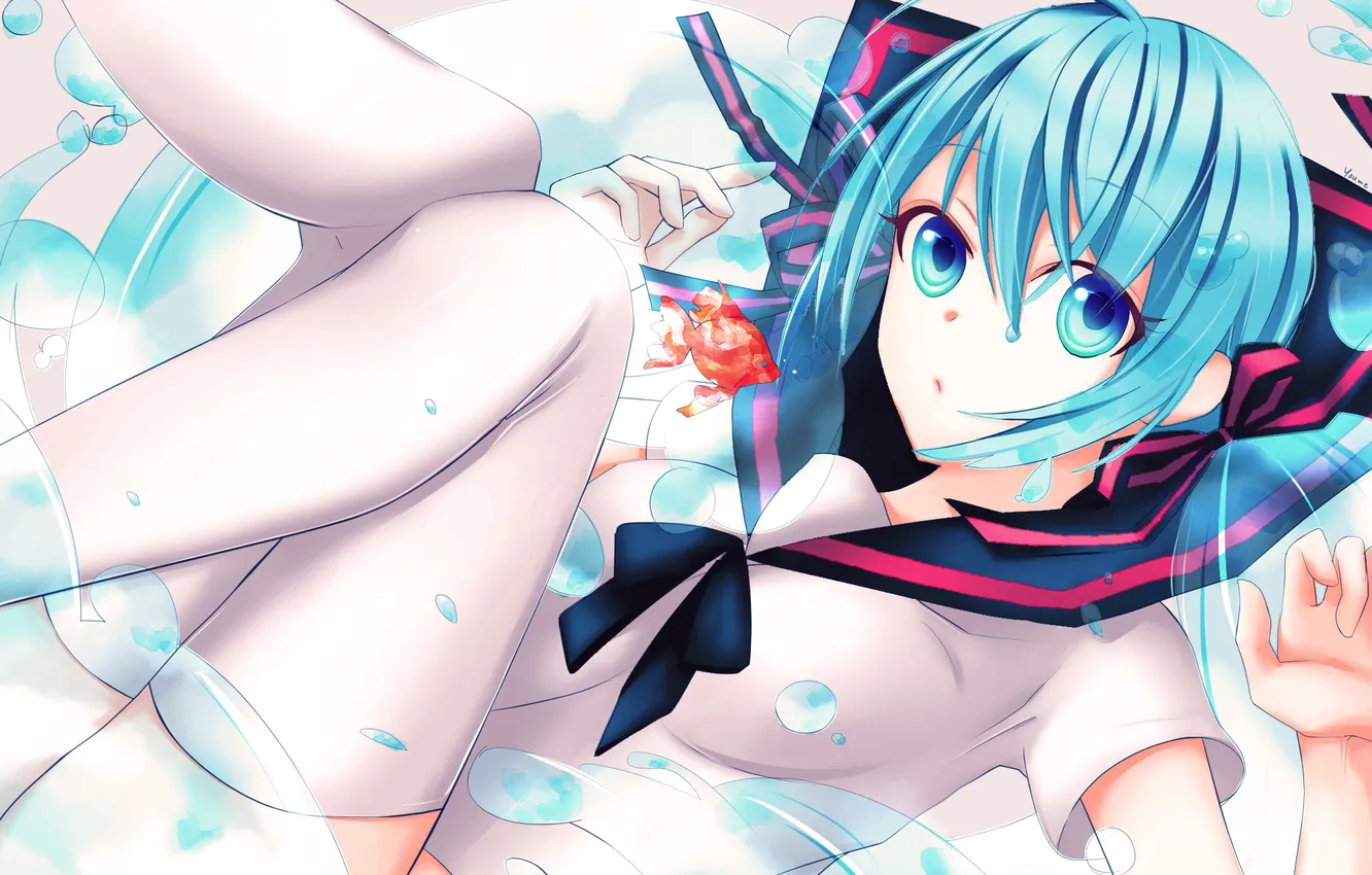 Photo wallpaper girl, fish, bubbles, art, vocaloid, hatsune miku, sailor, bottle miku