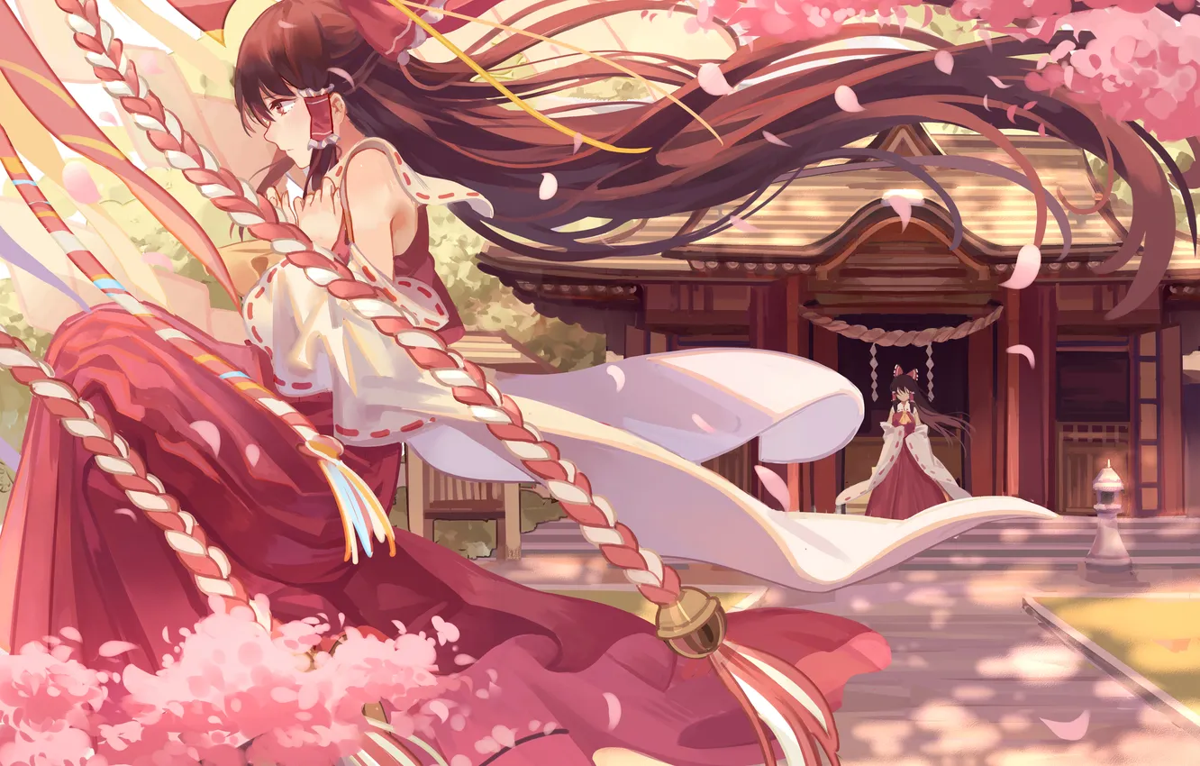 Photo wallpaper girl, trees, home, anime, petals, Sakura, art, touhou