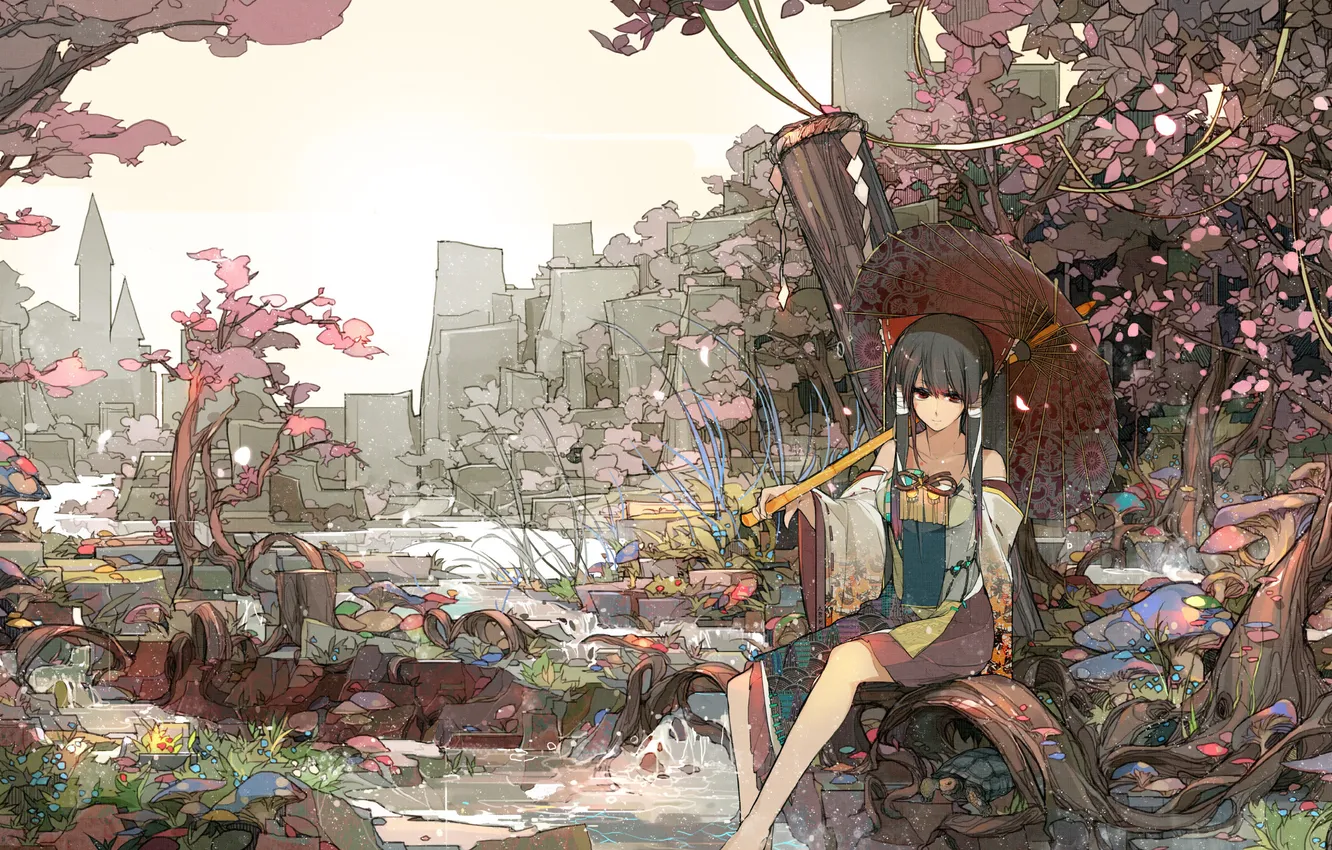 Photo wallpaper water, girl, trees, the city, umbrella, anime, art, kimono