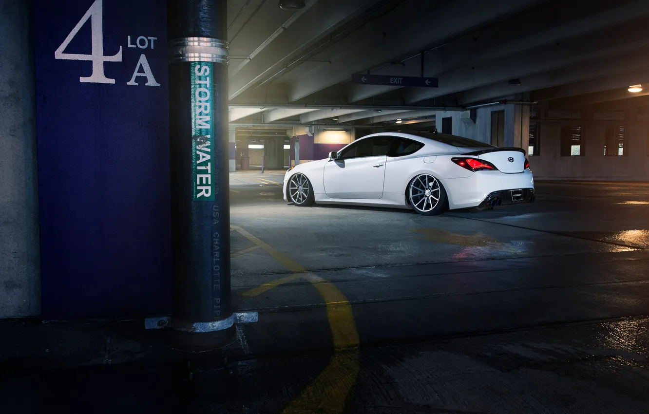 Photo wallpaper car, white, Hyundai, parking, Vossen, Wheels, Genesis, Rear