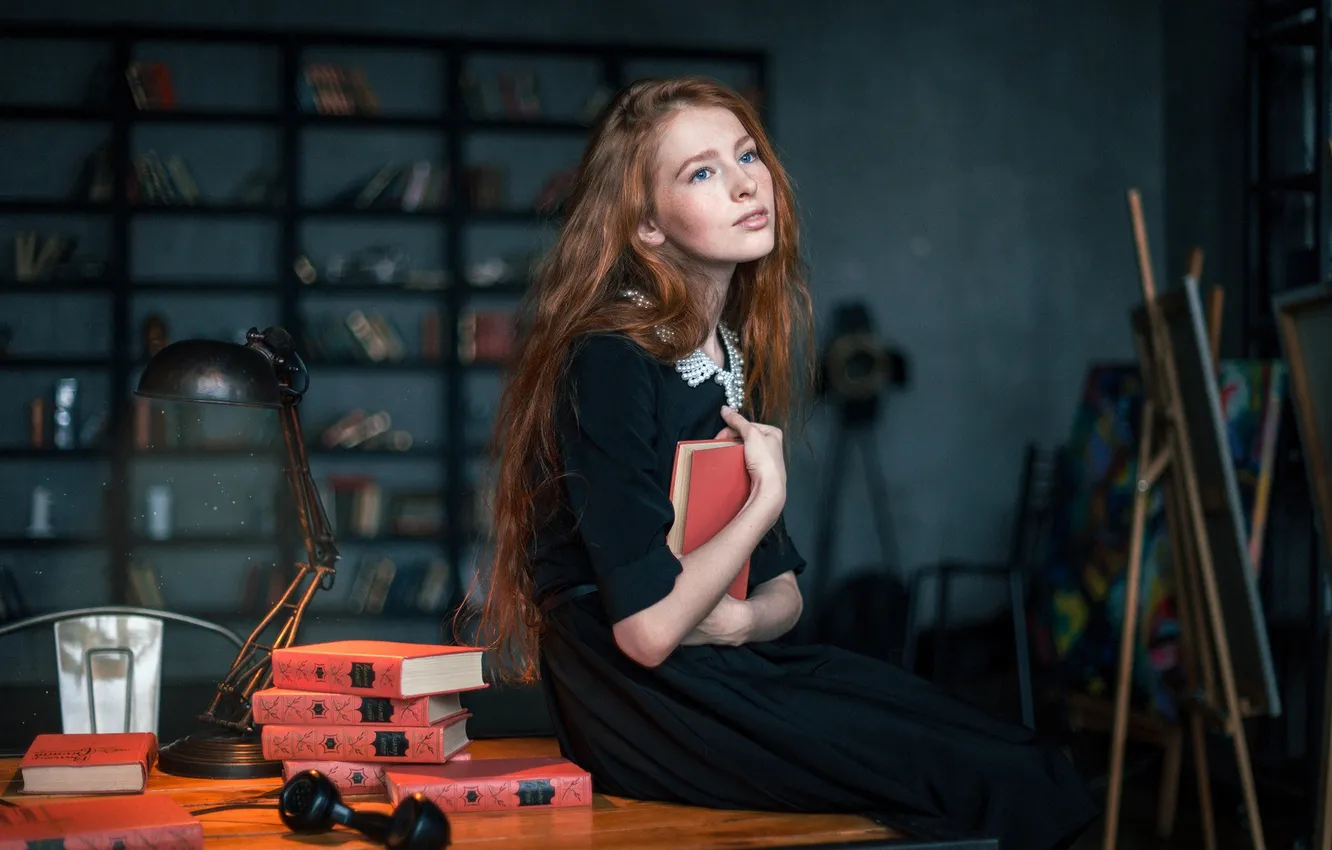 Photo wallpaper look, girl, hair, freckles, book, beautiful, redhead, Katya Voronina