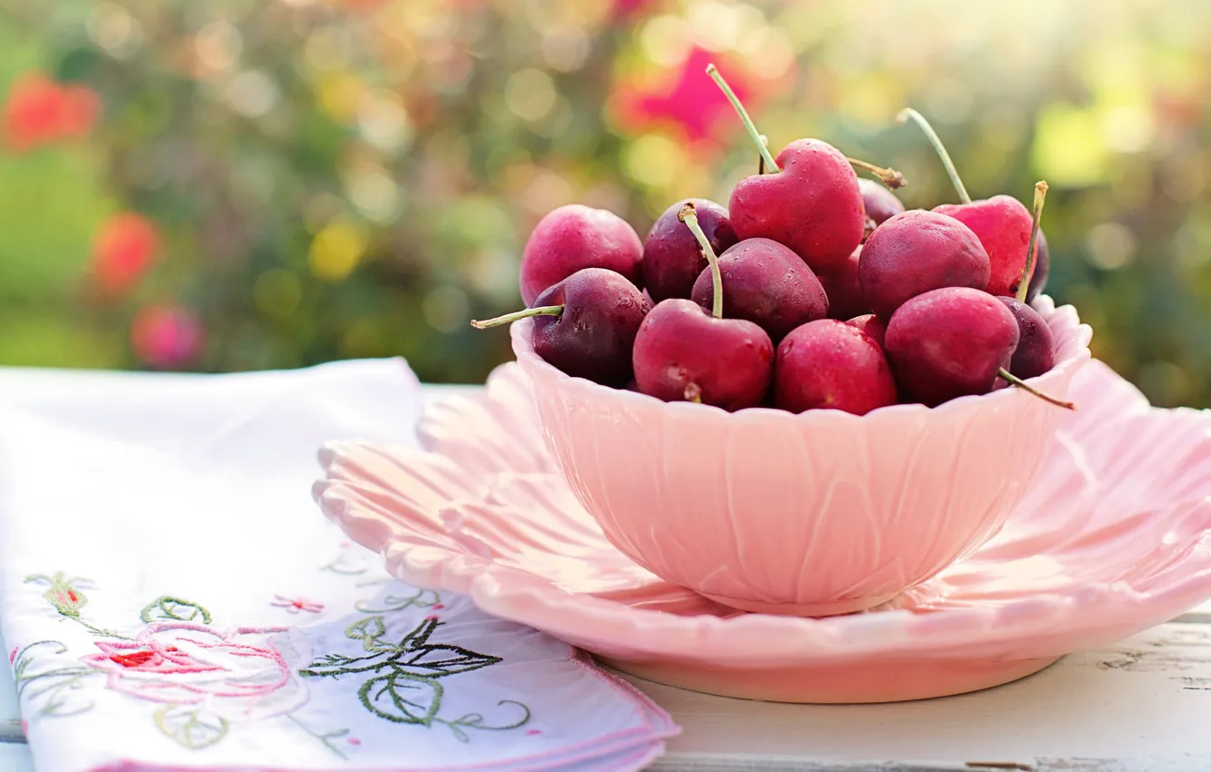 Photo wallpaper nature, cherry, berries, table, background, Breakfast, garden, plate