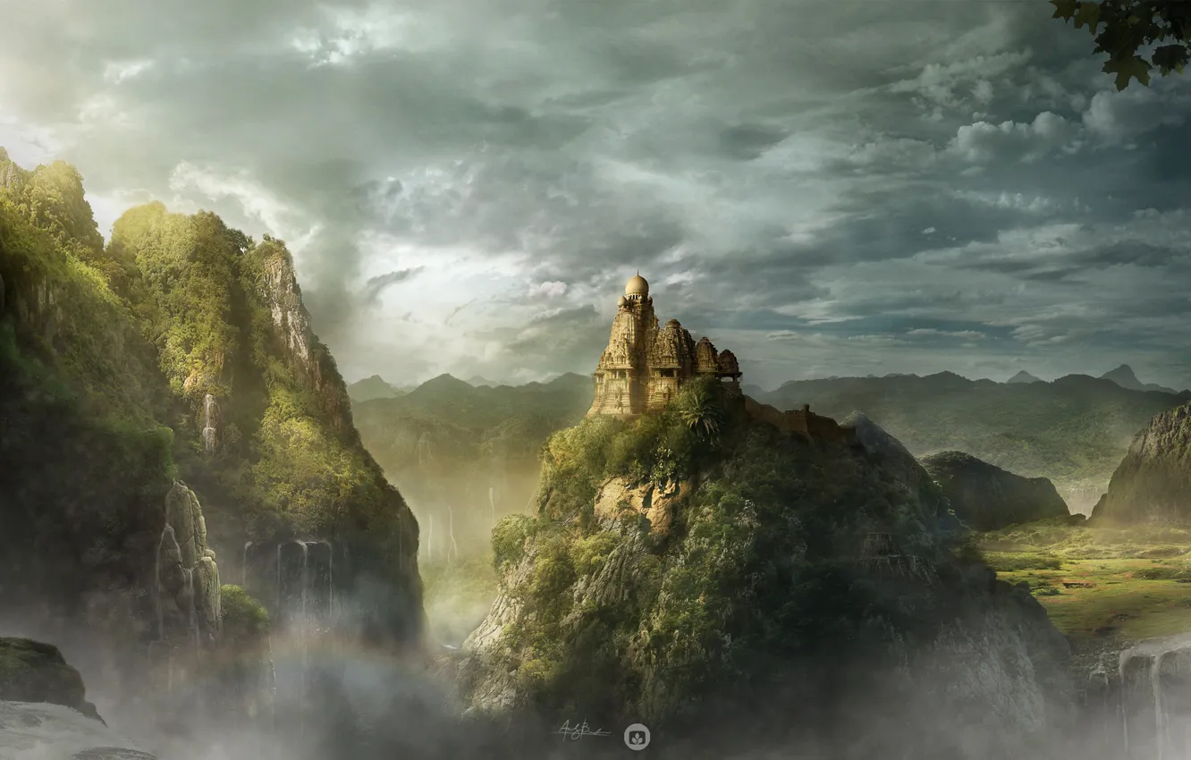 Photo wallpaper clouds, hills, building, waterfall, the dome, desktopography, lost Kingdom