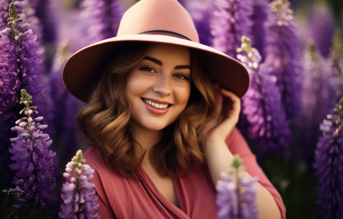 Photo wallpaper hat, look, flowers, lupins, portrait, AI art, Rus, brown hair