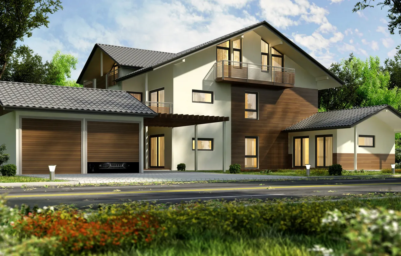 Photo wallpaper road, trees, design, home, mansion, 3D