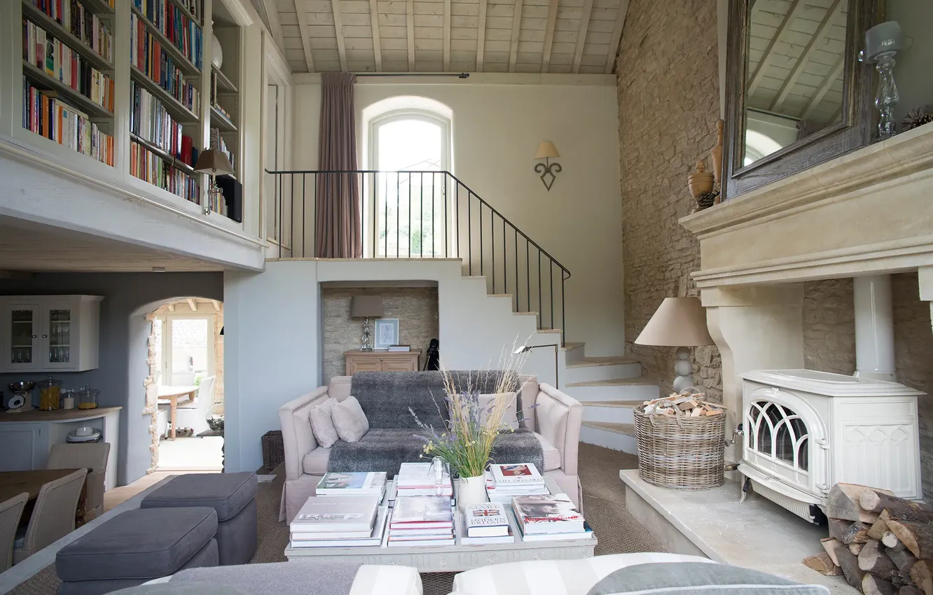 Photo wallpaper design, interior, fireplace, library, living room, cozy, English country, duplex townhouse