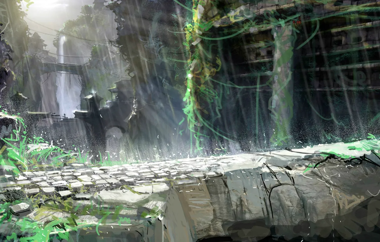 Photo wallpaper bridge, open, waterfall, home, rope, Heavenly Sword, destruction