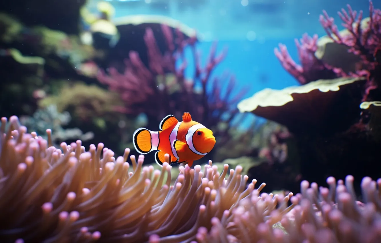 Photo wallpaper sea, fish, nature, underwater world, anemones, clown fish, AI art, neural network