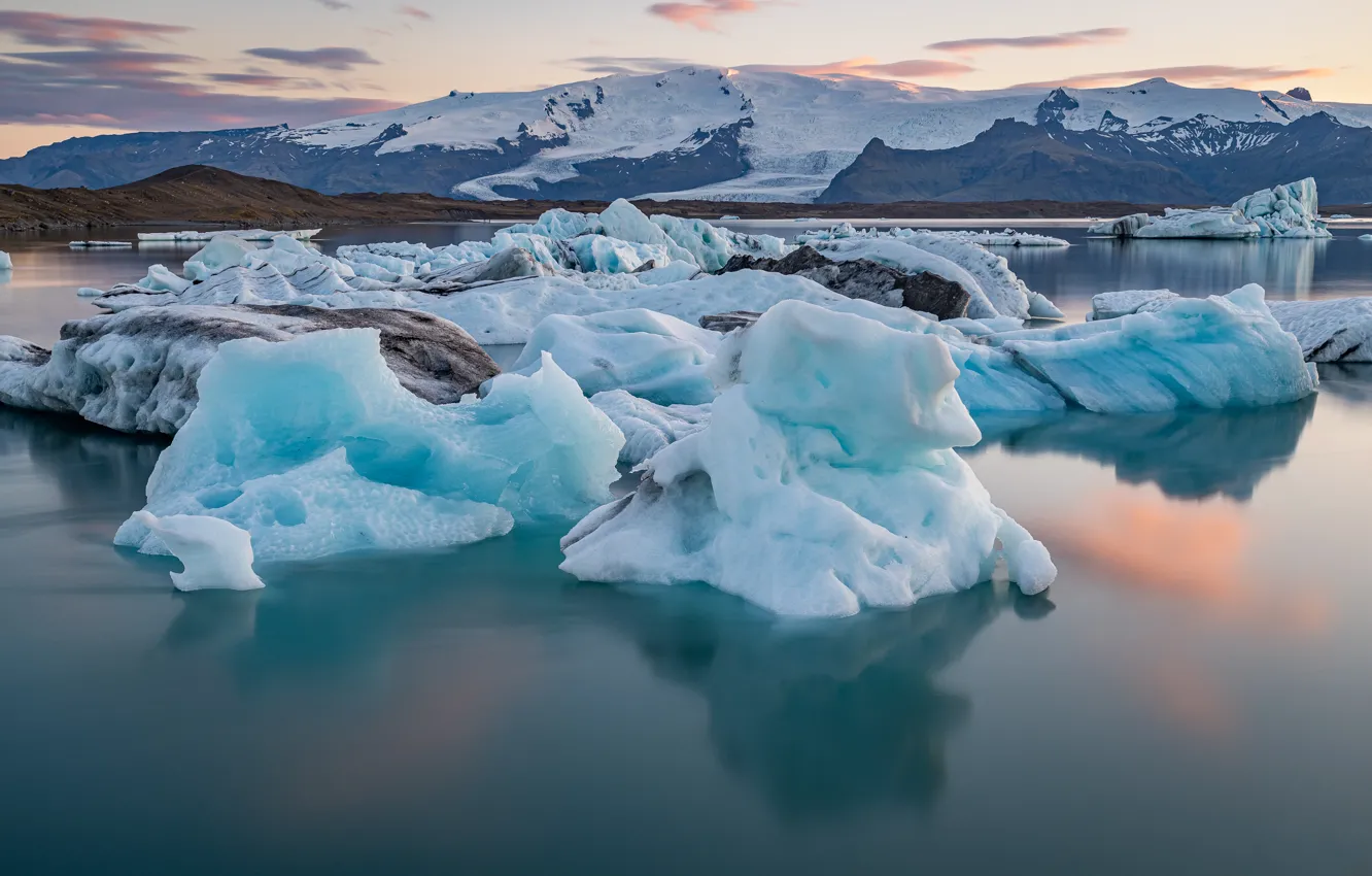 Photo wallpaper winter, mountains, ice, Iceland, pond, icebergs