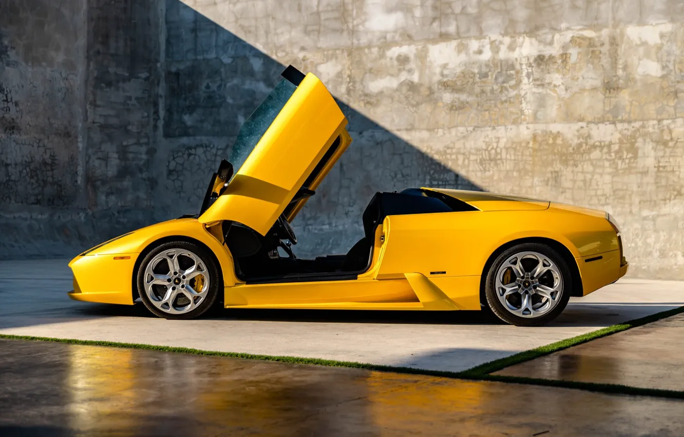 Photo wallpaper Lamborghini, yellow, Murcielago, lambo door, Lamborghini Murcielago Roadster