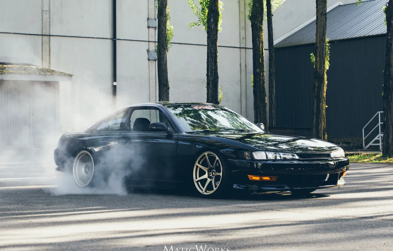 Photo wallpaper nissan, turbo, wheels, drift, black, japan, smoke, jdm