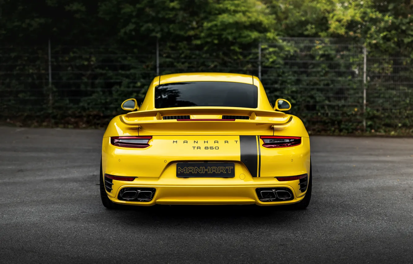 Photo wallpaper yellow, coupe, 911, Porsche, rear view, 991, Manhart, 911 Turbo S