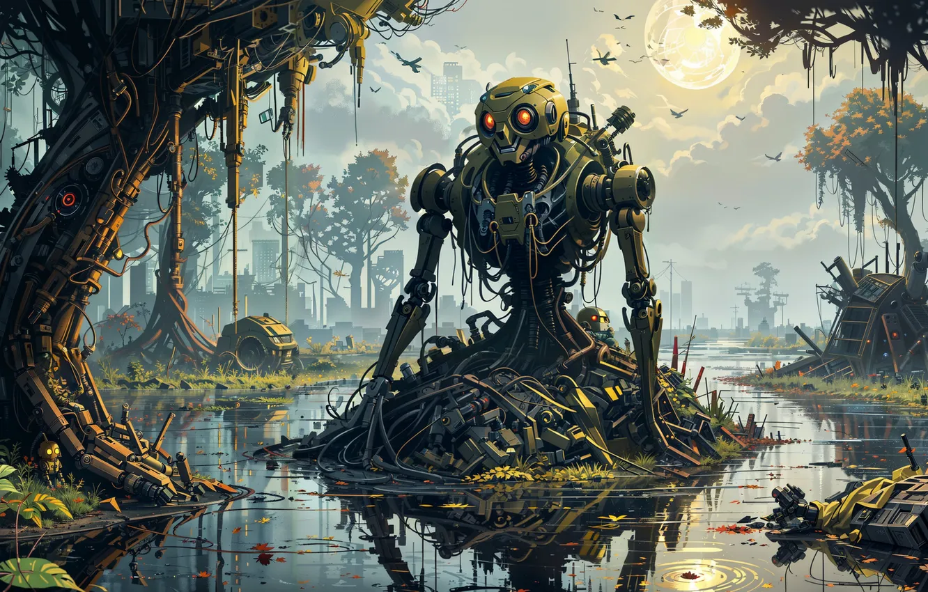 Photo wallpaper Apocalypse, robot, ruins