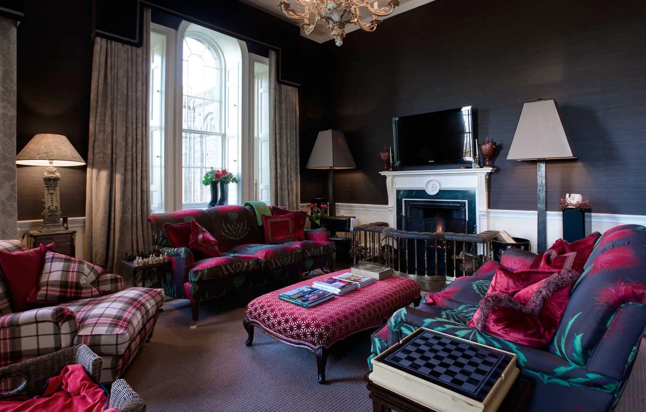Photo wallpaper design, style, interior, Scotland, fireplace, living room, Scotland, Edinburgh