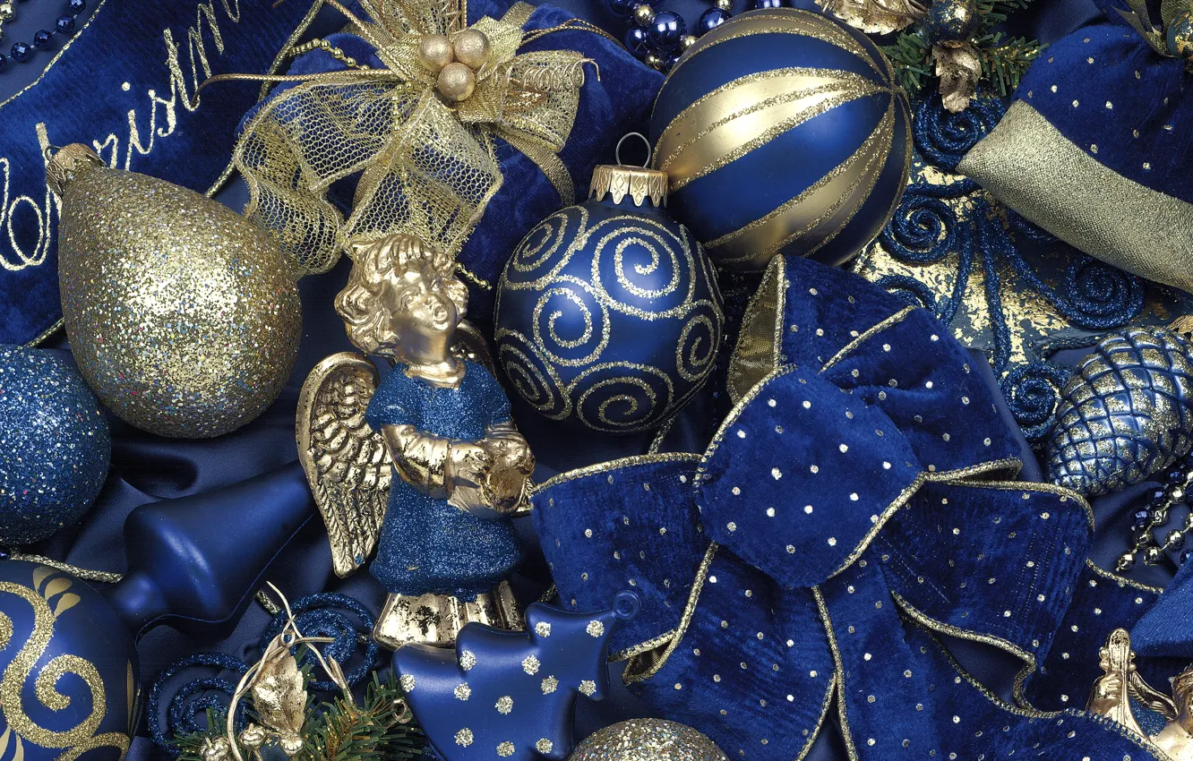 Photo wallpaper winter, balls, blue, holiday, toy, new year, Christmas, gold