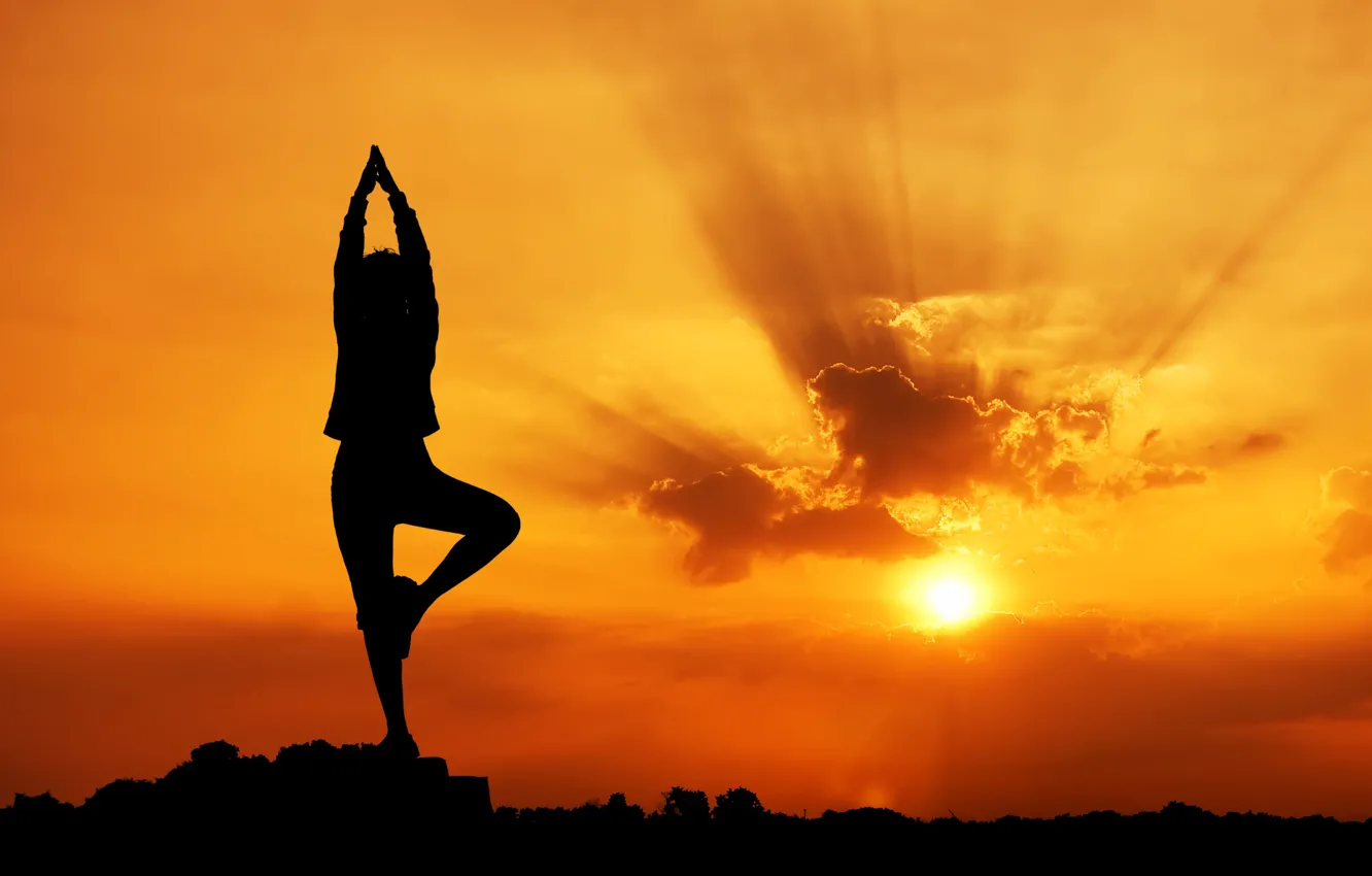 Photo wallpaper the sun, clouds, rays, pose, mood, silhouette, yoga