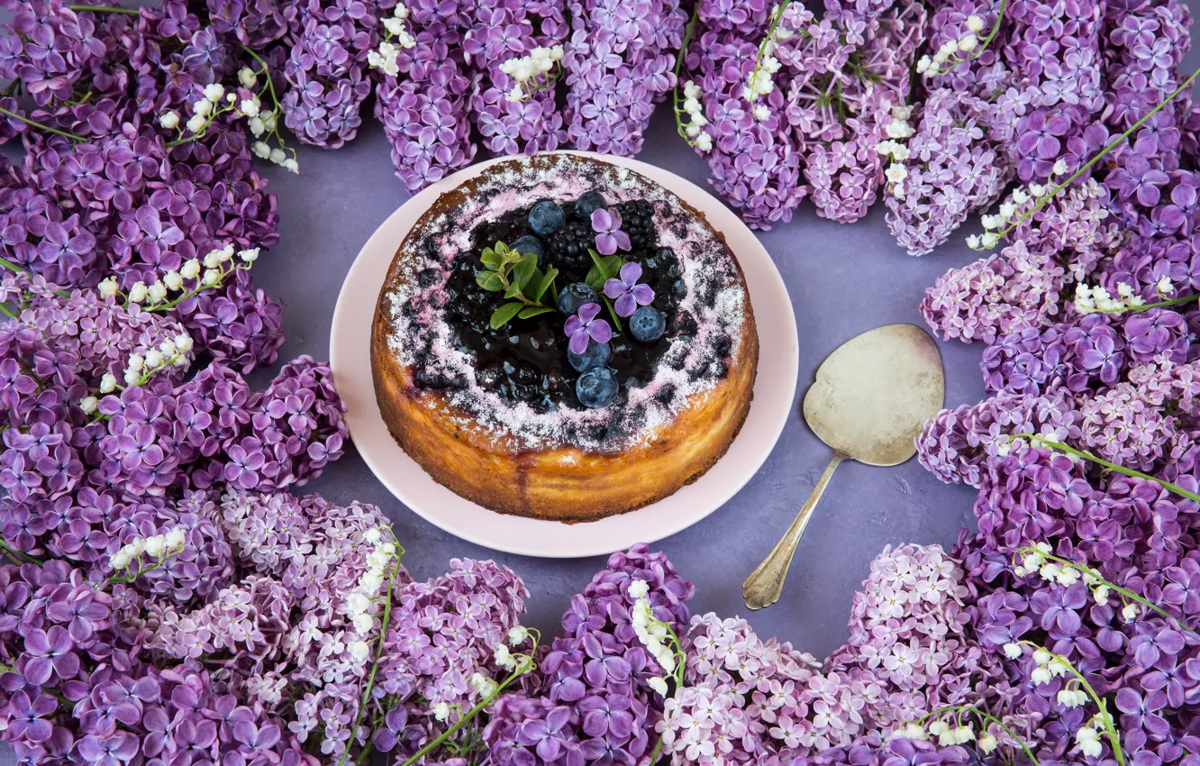 Photo wallpaper flowers, berries, cake, dessert, lilac, Julija Vilvarin