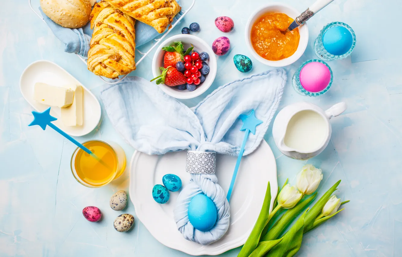 Photo wallpaper flowers, berries, eggs, Breakfast, Easter, tulips, white, flowers