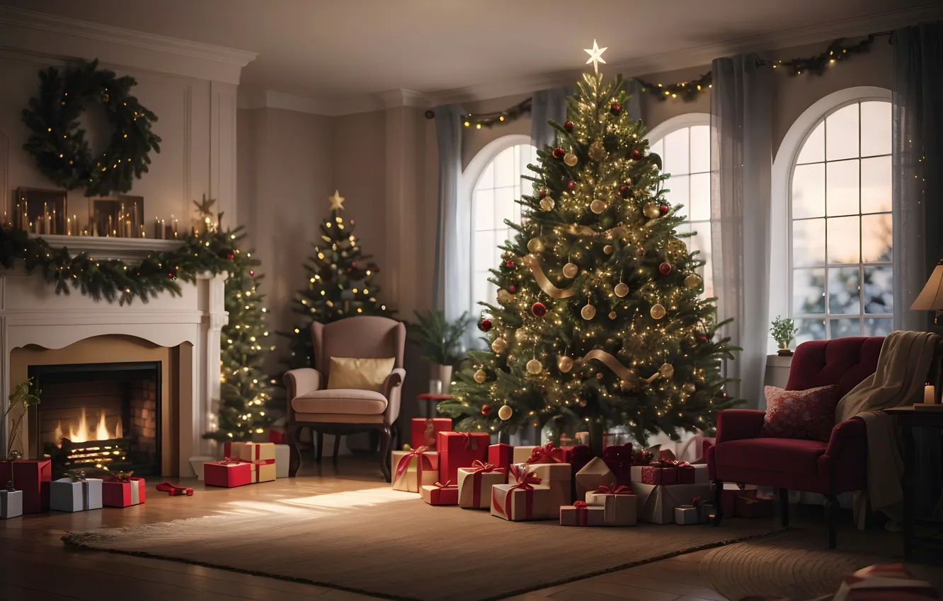 Photo wallpaper decoration, room, gift, balls, tree, new year, interior, Christmas