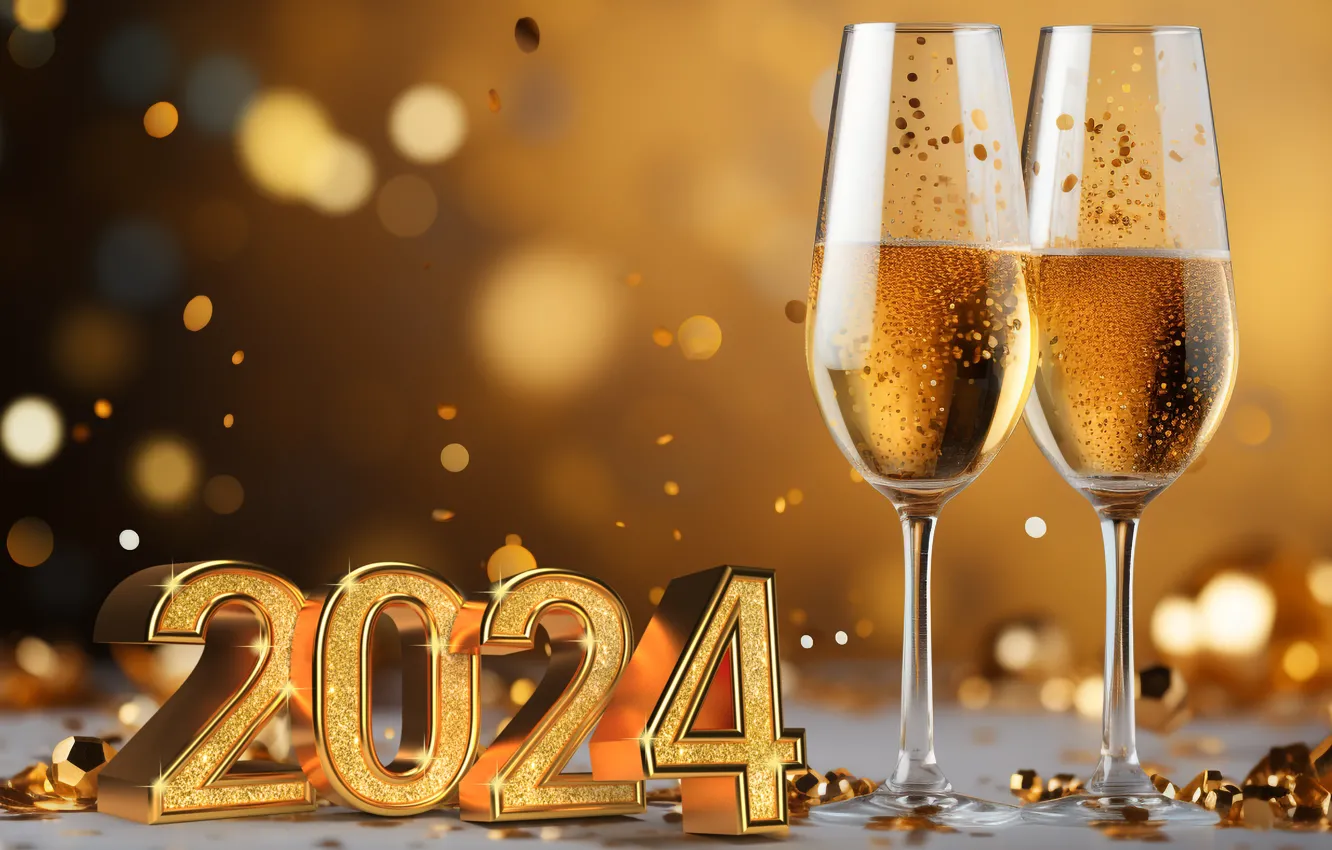 Photo wallpaper decoration, gold, balls, glass, new year, figures, golden, champagne