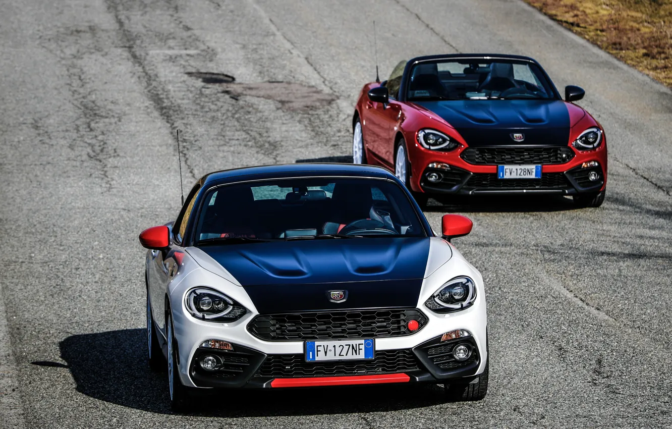 Photo wallpaper road, asphalt, Roadster, spider, black and white, Abarth, black and red, 124 Spider