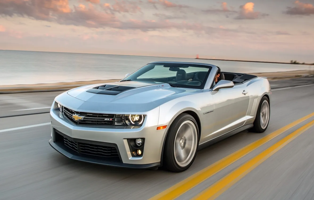 Photo wallpaper road, the sky, grey, coast, Chevrolet, Camaro, convertible, the front
