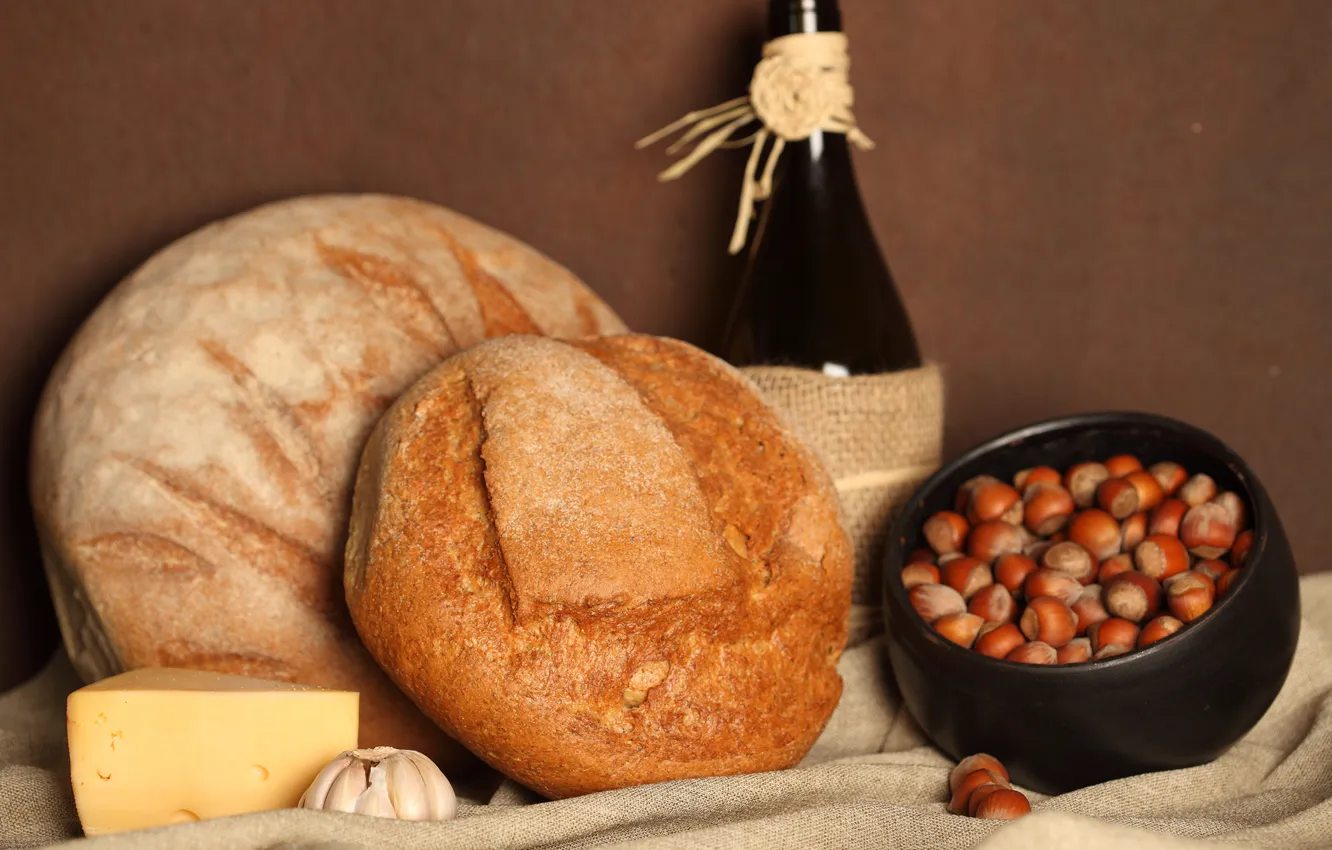Photo wallpaper bottle, cheese, bread, garlic, pot, Orochi
