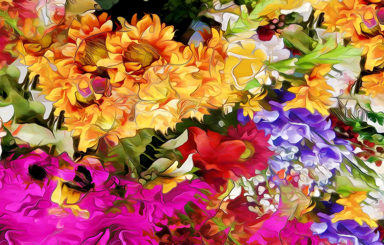 Photo wallpaper line, flowers, nature, rendering, paint, petals, garden, flowerbed