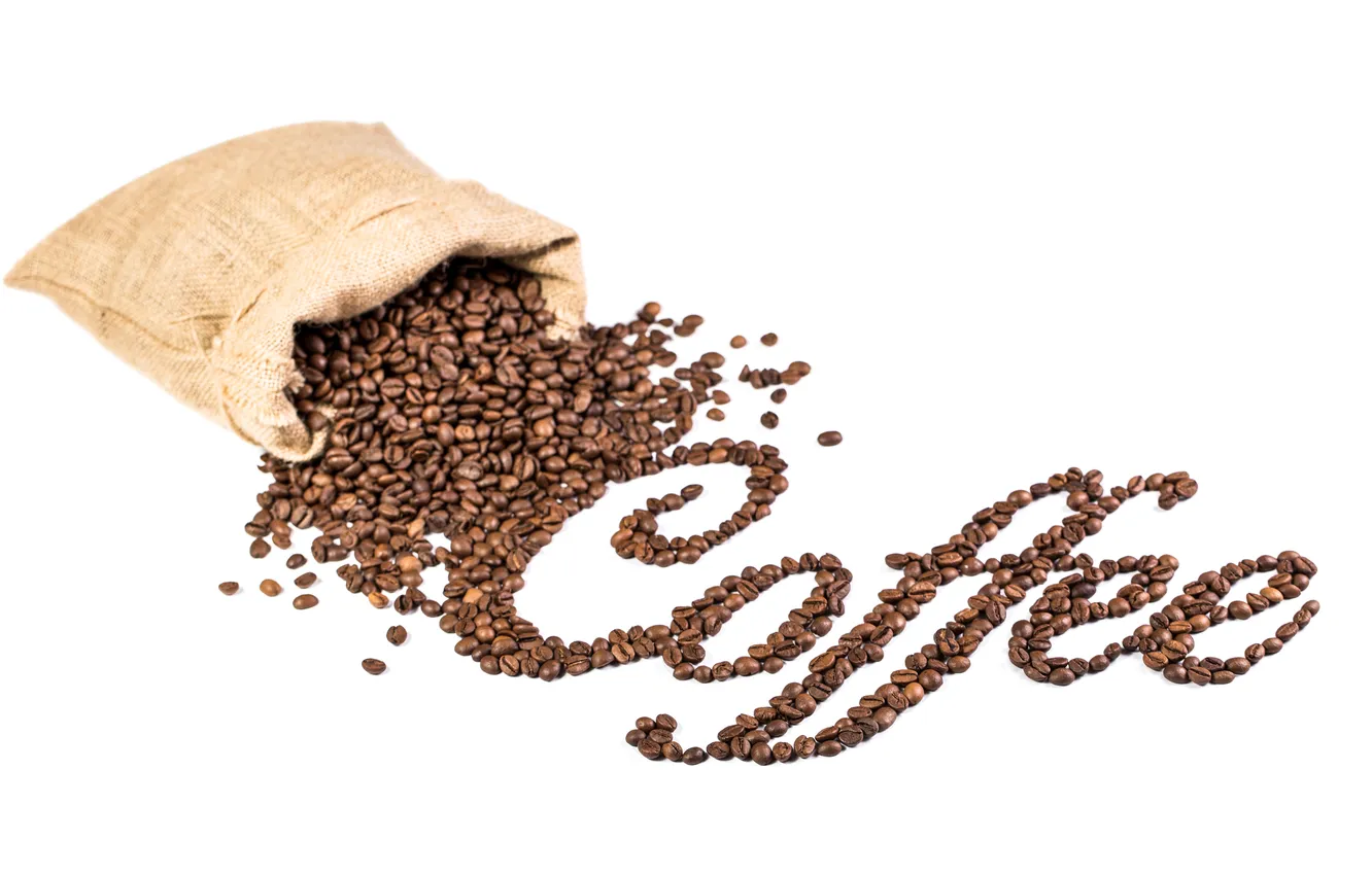 Photo wallpaper the inscription, coffee, grain, white background, bag