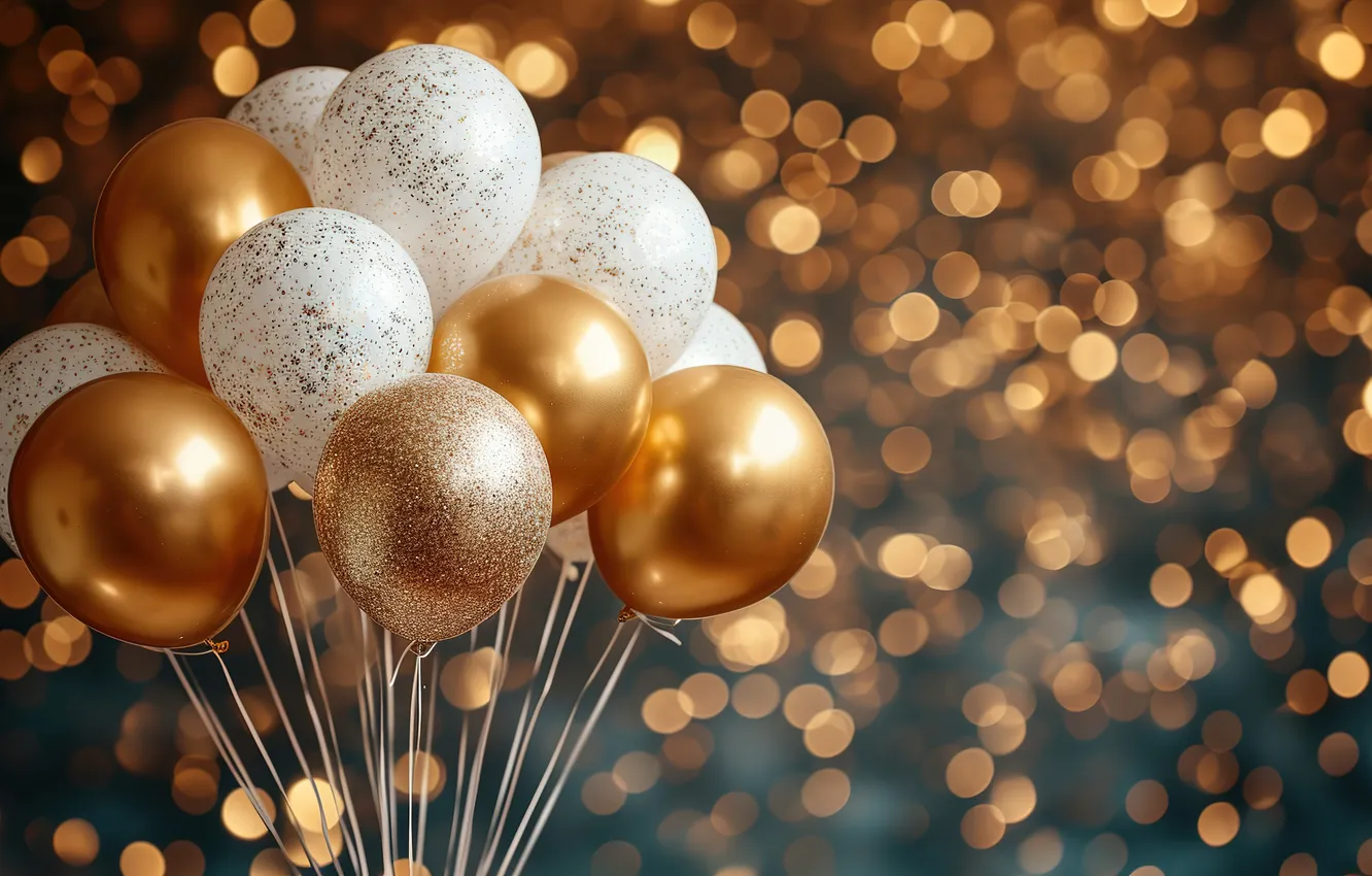Photo wallpaper balloons, background, birthday, golden, Happy Birthday, background, bokeh, balloons