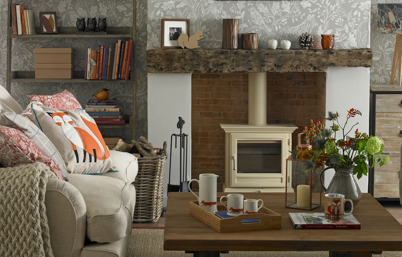 Photo wallpaper design, heat, interior, chair, book, fireplace, the scenery, cozy