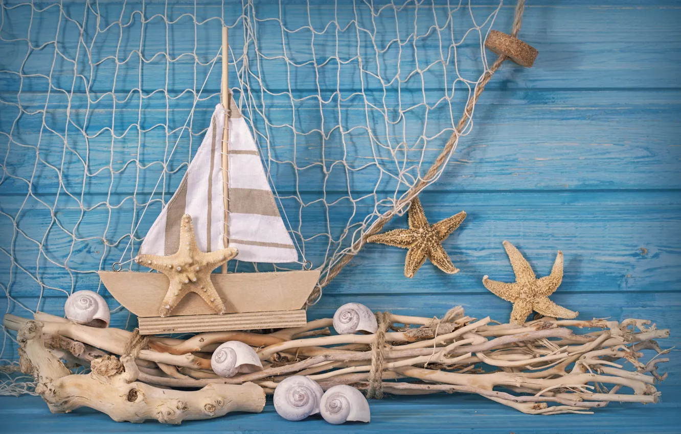 Photo wallpaper stars, trees, branches, network, ship, sail, shell
