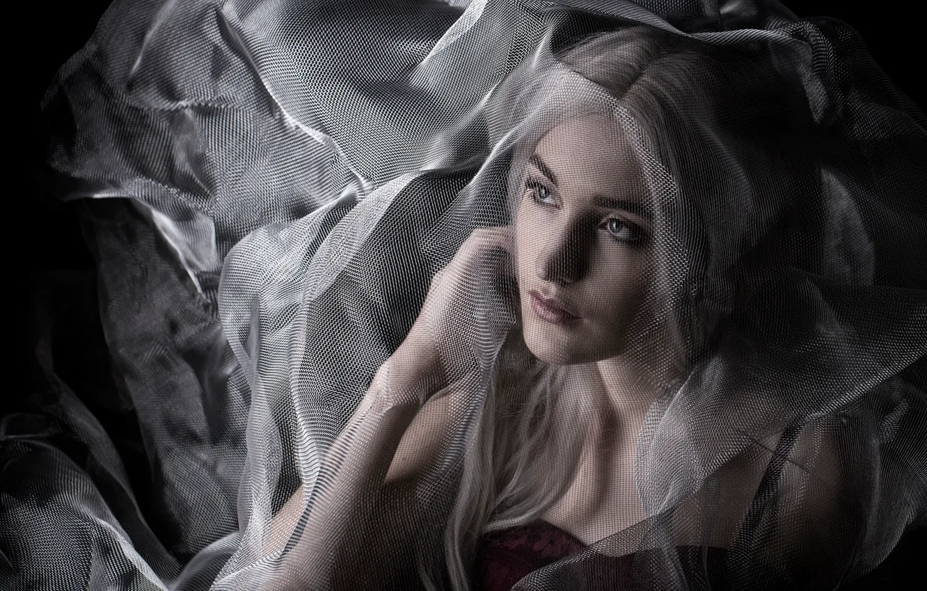 Photo wallpaper girl, face, the dark background, mood, network, sadness, portrait, blonde