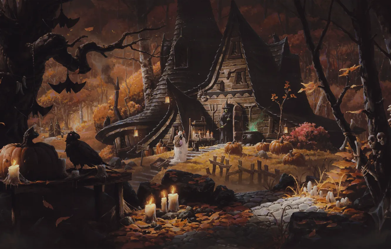 Photo wallpaper forest, cat, night, house, pumpkin, bat, witch, Raven