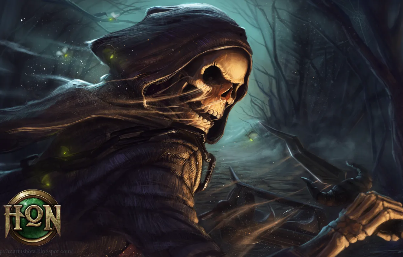 Photo wallpaper forest, skull, twilight, dagger, chain, cloak, apparel, Heroes of Newerth