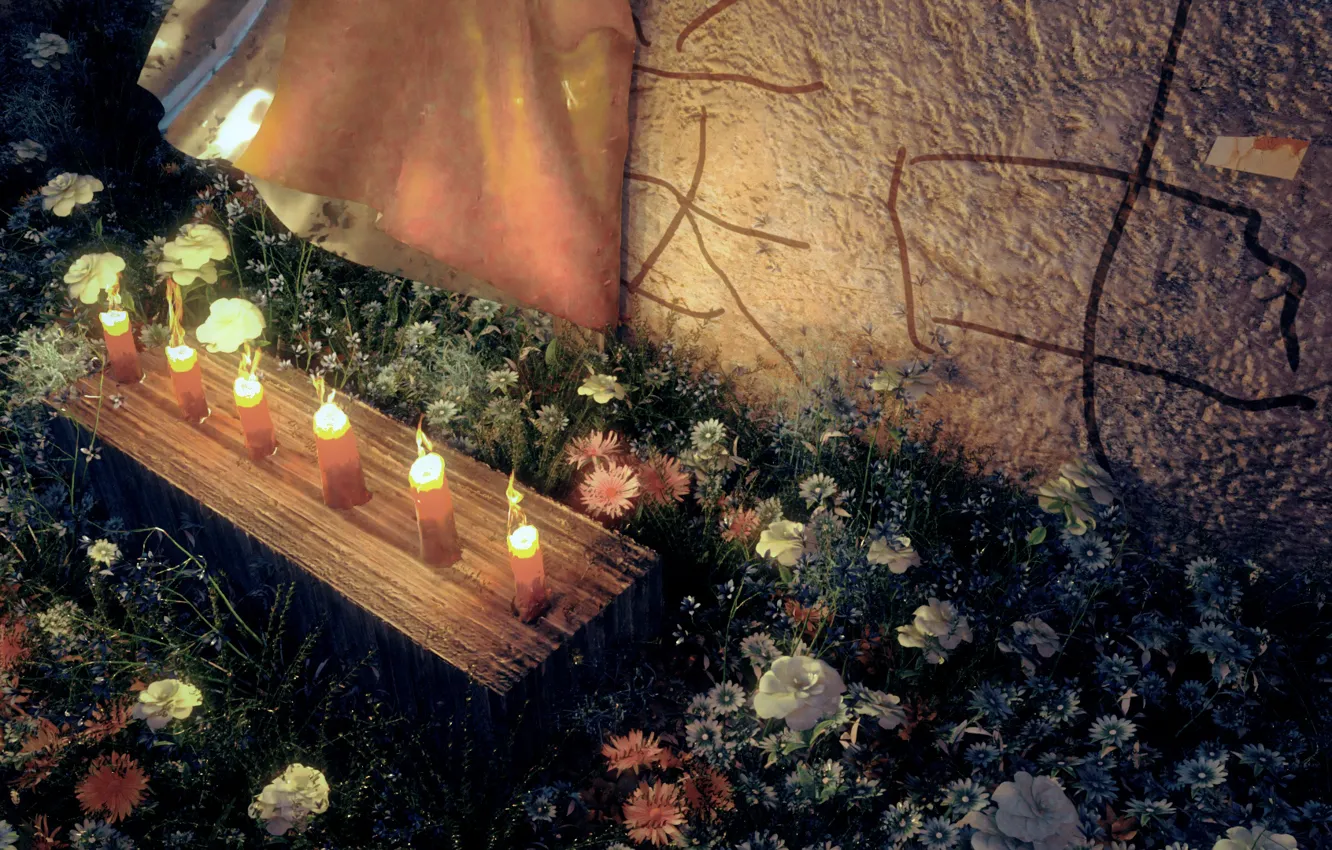 Photo wallpaper flowers, night, candles, stone plate