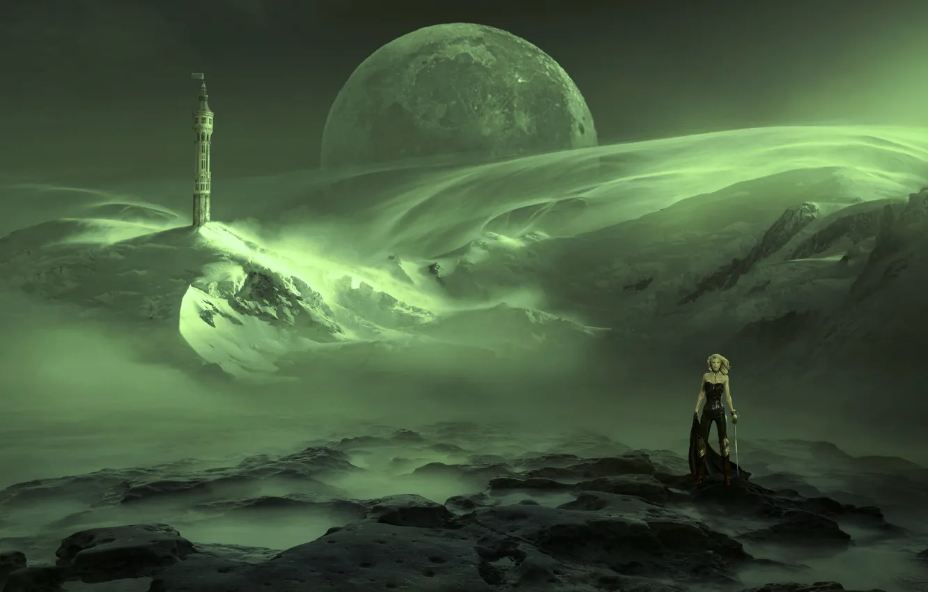 Photo wallpaper the sky, girl, space, snow, mountains, space, green, fog