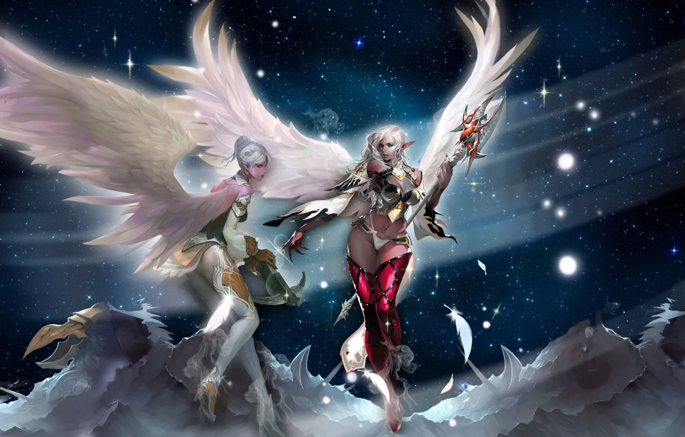 Photo wallpaper girl, stars, mountains, wings, feathers, lineage 2, staff, ears
