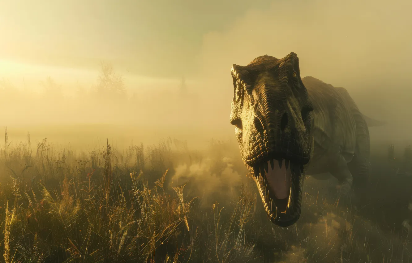 Photo wallpaper look, face, fog, animal, dinosaur, predator, teeth, head