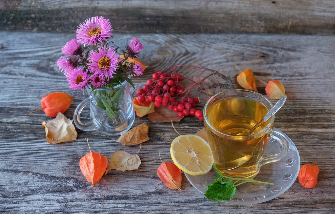 Photo wallpaper flowers, berries, tea, drink