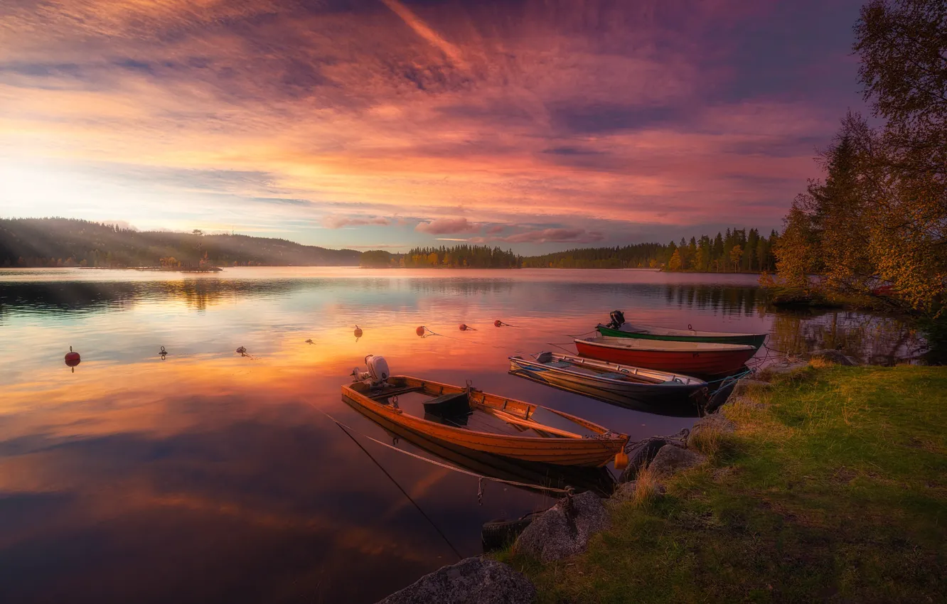 Photo wallpaper landscape, sunset, nature, lake, boats, the evening, Norway, forest