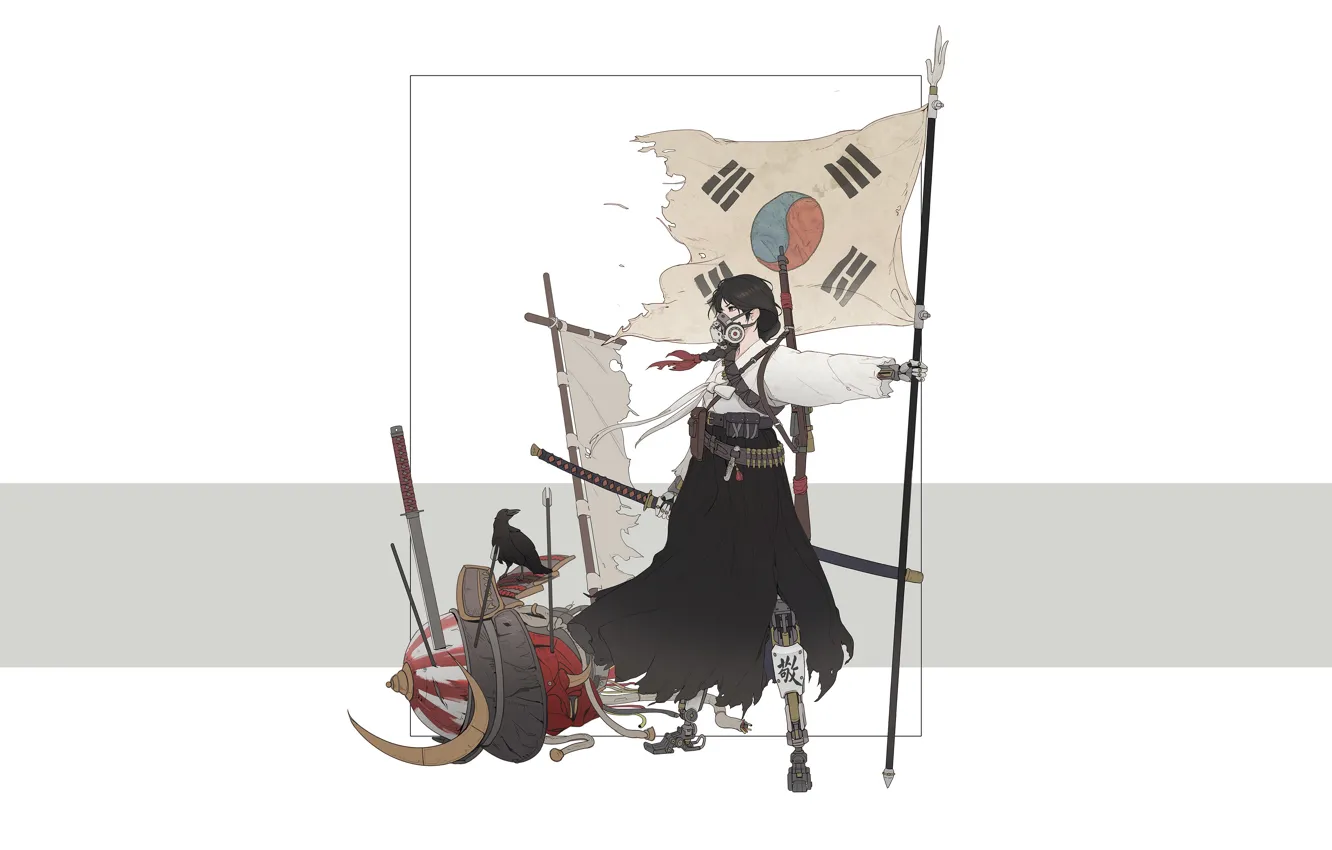 Photo wallpaper Girl, Minimalism, Style, Flag, Asian, Girl, Sword, Samurai