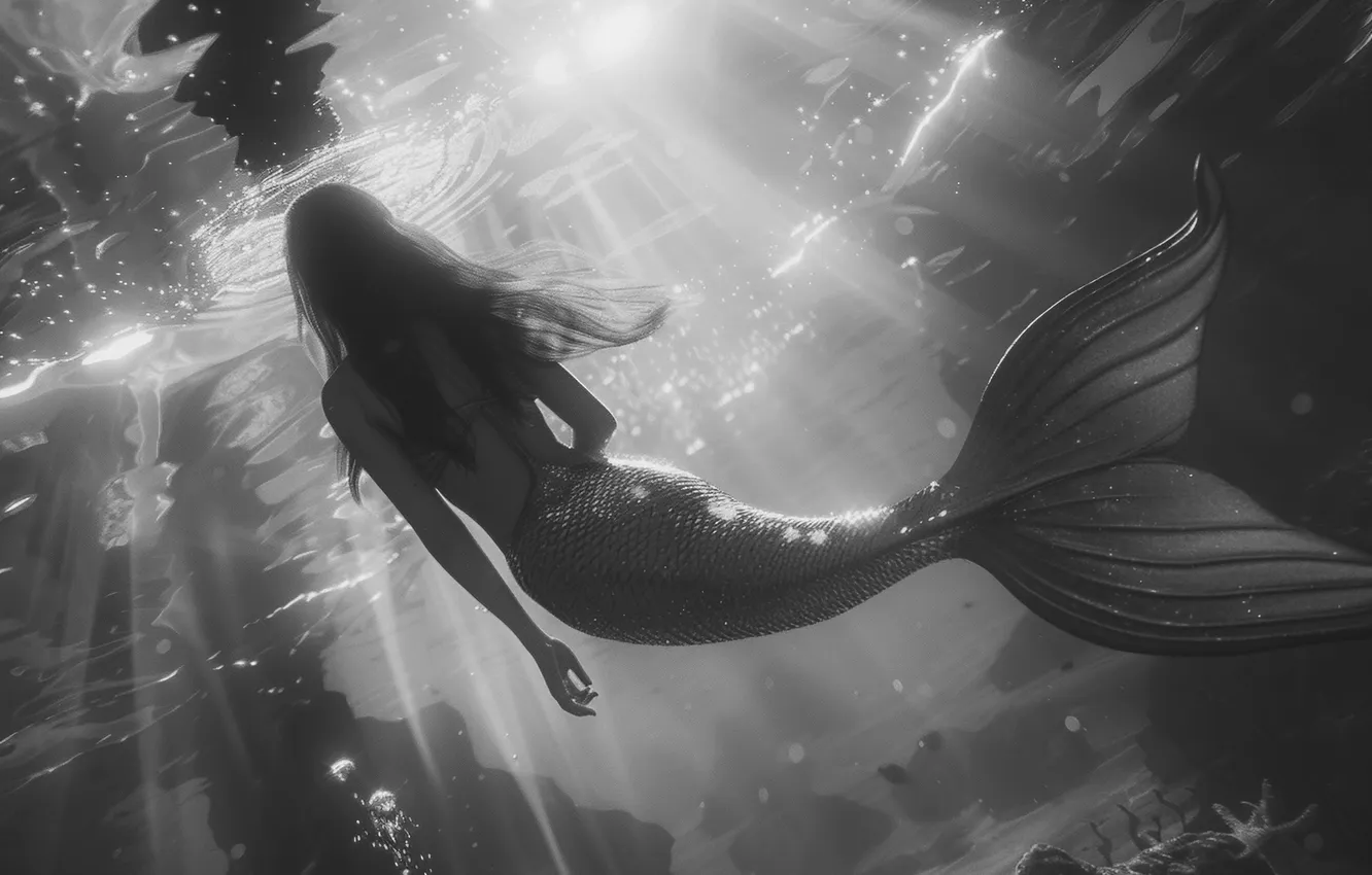Photo wallpaper girl, hair, mermaid, tail, back, black and white, underwater world, digital art
