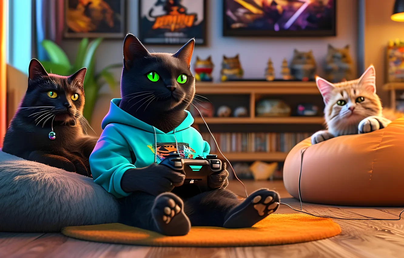 Photo wallpaper cat, joystick, black cat, red cat, gamer