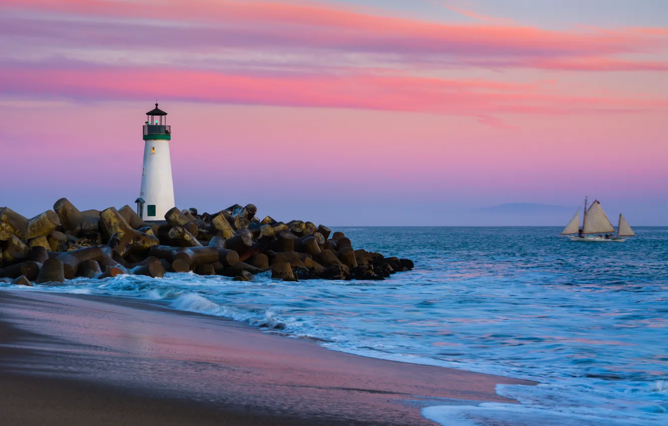 Photo wallpaper sea, shore, lighthouse, the evening, CA, Santa Cruz