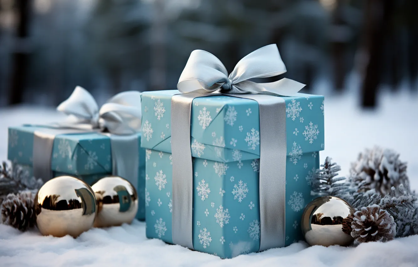 Photo wallpaper winter, snow, decoration, snowflakes, gift, balls, new year, Christmas